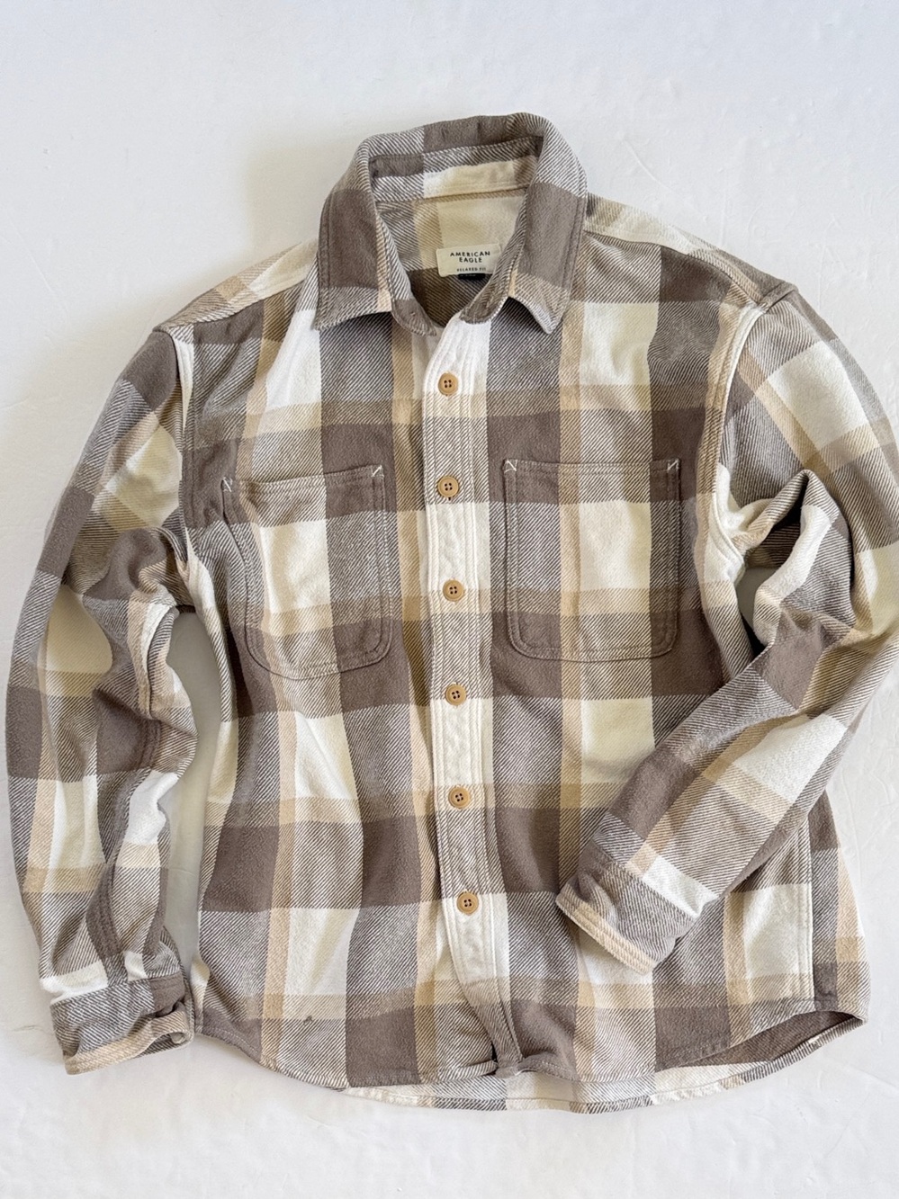 American Eagle Shacket Tan Plaid Cotton Relaxed Small